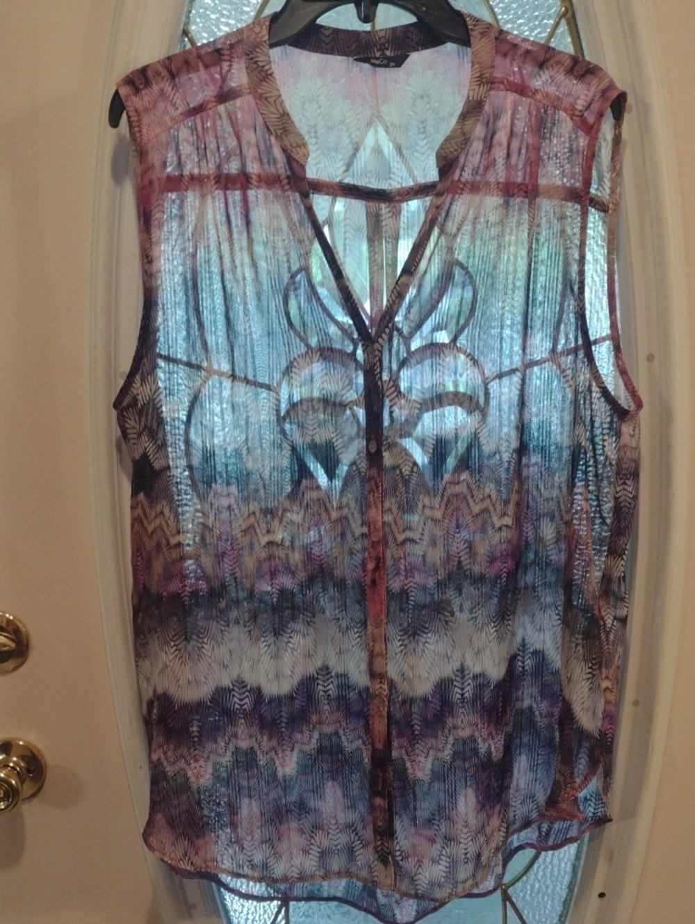 Sleeveless Sheer Printed Button-Front Blouse - Purple Multi